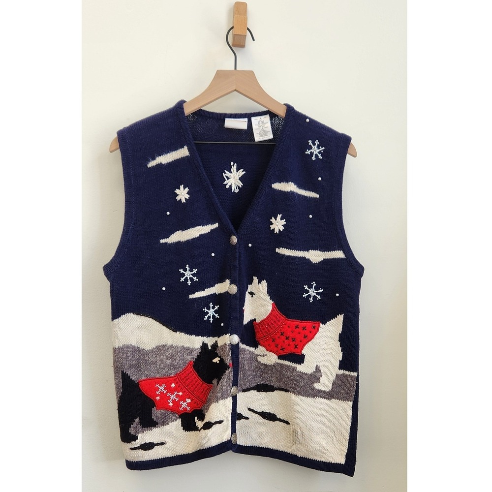 Bobbie Brooks Vintage Scottie Dog Christmas Sweater Vest Blue Large Holiday